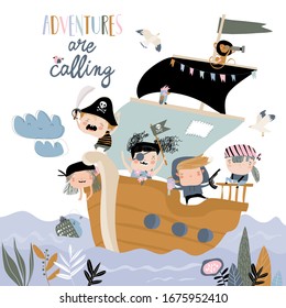 Cute cartoon kids pirates sailing in their ship