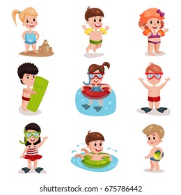 Cute cartoon kids playing at the beach set, boys and girls at summer vacation vector Illustrations