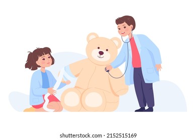 Cute cartoon kids playing doctor together with big teddy bear. Children having fun at home roleplaying as medical professionals flat vector illustration. Health, medicine, childhood concept for banner