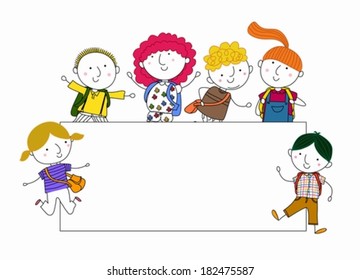 Cute cartoon kids playing and frame