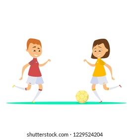 cute cartoon kids playing soccer, vector illustration of little cartoon boy and girl playing football