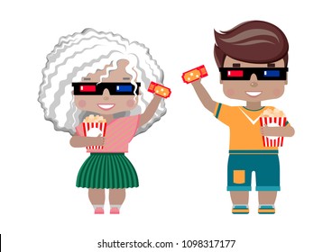 Cute Cartoon Kids with Popcorn and Soda Standing in the Cinema. Colorful Vector Illustration
