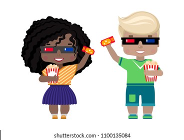 Cute Cartoon Kids with Popcorn and Soda Standing in the Cinema. Colorful Vector Illustration