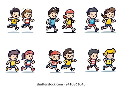 Cute cartoon kids running in race, children in sportswear participating in running event. Active children sports day concept. Child athletes competition vector illustration.