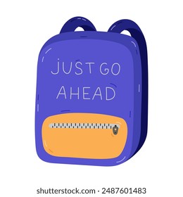 Cute cartoon kids schoolbag with pocket on zipper and lettering. Back to school stylish rucksack full of school supplies. Hand drawn backpack for children, students. Isolated childish illustration.