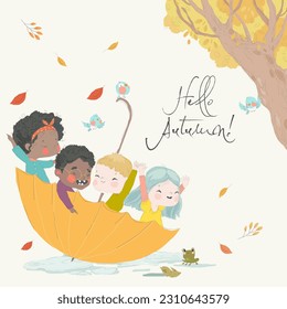 Cute Cartoon Kids sitting in Big Umbrella. Hello Autumn. Vector Illustration