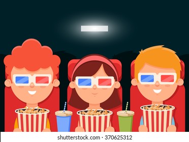 Cute Cartoon Kids Sitting in the Cinema and Watching a Movie. Colorful Vector Illustration