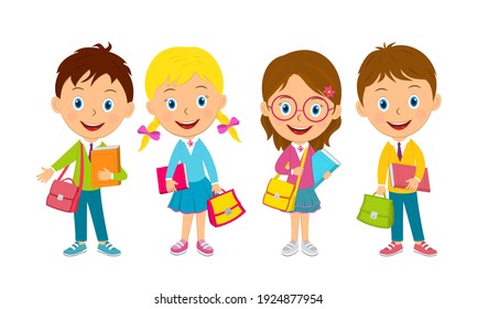 cute cartoon kids stand with books and bags,illustration,vector