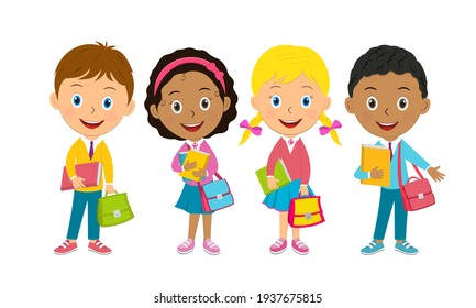 cute cartoon kids stand with books and bags,illustration,vector