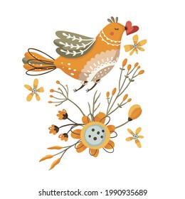 Cute cartoon kids summer bird animal vector card in Scandinavian style. Floral branch, children greeting print, wildlife baby element.