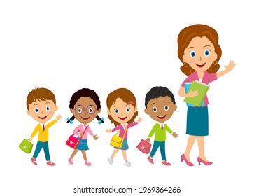cute cartoon kids and teacher go together,illustration,vector