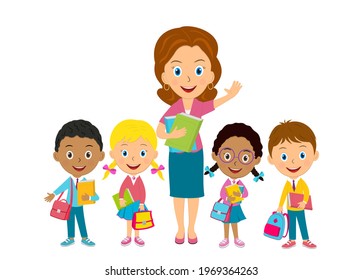 Cute Cartoon Kids Teacher Stand Togetherillustrationvector Stock Vector ...