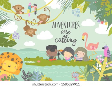 Cute cartoon kids travelling with animals. Adventures are calling