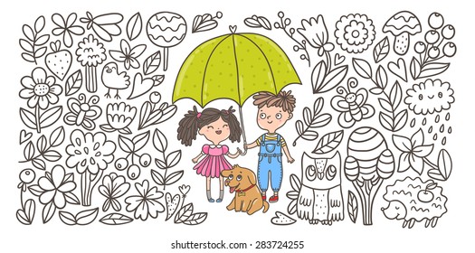 cute cartoon kids with umbrella and puppy