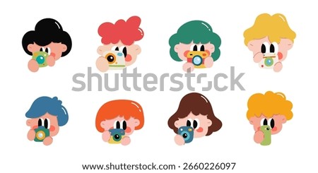 Cute cartoon kids using camera. World photography day. Vector illustration in cartoon style.