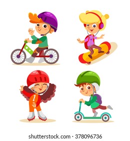 Cute cartoon kids with various summer activities. Boy on bicycle,girl skating, boy on scooter. Vector illustrations isolated on white background