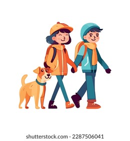 Cute cartoon kids walking their dog icon isolated