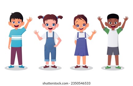 Cute Cartoon Kids Waving and Greeting in Various Poses, Happy Boys and Girls With Hands Raised Vector Illustration