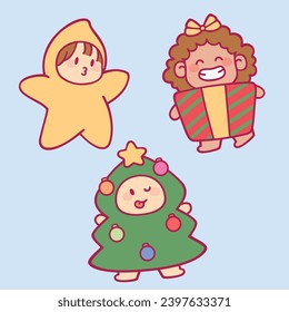 Cute Cartoon Kids Wearing Christmas Holiday Costume Vector arts