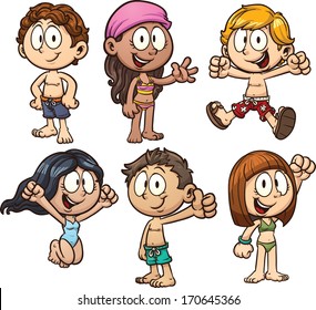 Cute cartoon kids wearing swimsuit. Vector clip art illustration with simple gradients. Each on a separate layer.