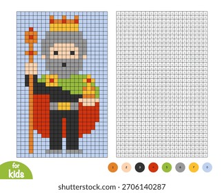 Carácter lindo del rey de la historieta con el cetro y el orbe. Color de píxel por página de número. Actividad educativa para niños de preescolar y jardín de infantes para aprender números y colores. Diseño de cuadrícula cuadrada simple
