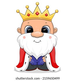 Cute cartoon king with crown and red royal robe. Vector illustration of a man isolated on white.