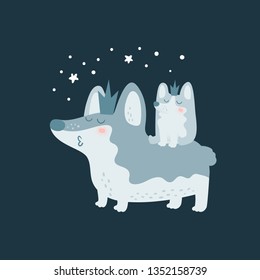 Cute cartoon king dogs corgi family. Mother and baby pet. Cartoon character illustration for game, book, t-shirt, card, print, poster and decoration. Vector clipart