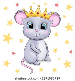 Cute cartoon king mouse. Vector illustration of an animal on a white background with stars.