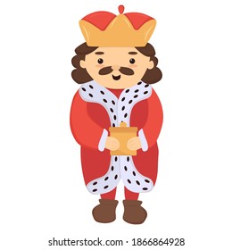 cute cartoon king prince character with the crown in red mantle holding the golden gift box. Vector illustration clip art isolated on white. Clip for kingdom, fairy tale, history, fantasy