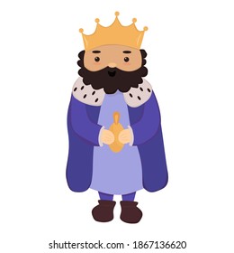 cute cartoon king prince character with the crown in violet mantle holding the golden vase. Vector illustration clip art isolated on white background. Clip for kingdom, fairy tale, epiphany, fantasy