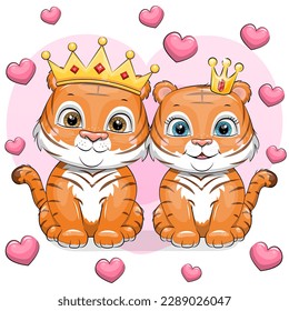 Cute cartoon king and queen tigers. Vector illustration of a pair of animals on a pink background with hearts.