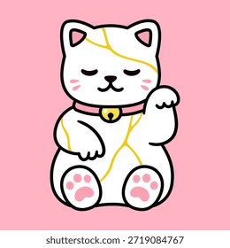 Linda caricatura Kintsugi Maneki Neko, gato de la suerte japonés que se rompió y se reparó con oro. Concepto de belleza Wabi-sabi. Ilustración vectorial aislada.