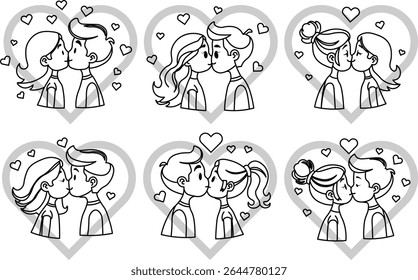 desenho animado bonito Vetor beijando contorno com corações e brilhos ao redor.