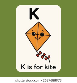 A cute cartoon kite illustrating the letter K for kids alphabet flashcard