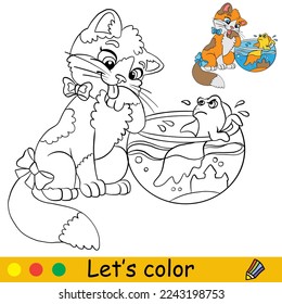 Cute cartoon kitten with aquarium fish. Coloring book page with color template for children. Vector cartoon illustration isolated on white background. For coloring book, education, print, game.