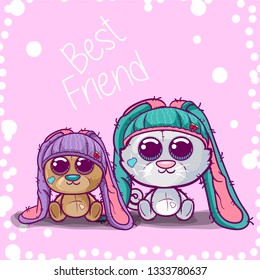 Cute Cartoon kitten and bear vector illustrations. Can be used for baby t-shirt print, fashion print design, kids wear, baby shower celebration greeting and invitation card. - Vector