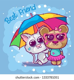 Cute Cartoon kitten and bear vector illustrations. Can be used for baby t-shirt print, fashion print design, kids wear, baby shower celebration greeting and invitation card. - Vector