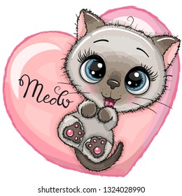 Cute Cartoon Kitten with big blue eyes is lying on a heart