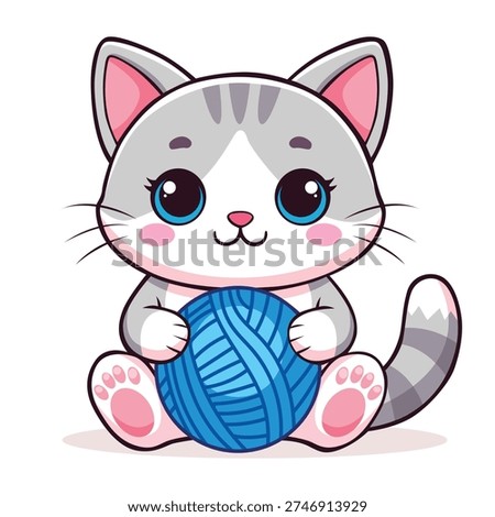 A cute cartoon kitten with big blue eyes sits and holds a ball of blue yarn, depicted in a charming, playful illustration against a clean white background