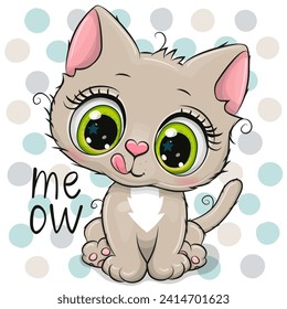 Cute Cartoon Kitten with big green eyes on the dots background