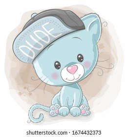 Cute Cartoon Kitten with a blue cap on a beige background