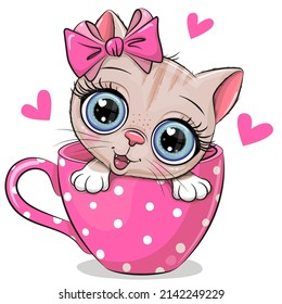 Cute Cartoon kitten with a bow is sitting in a Cup of coffee