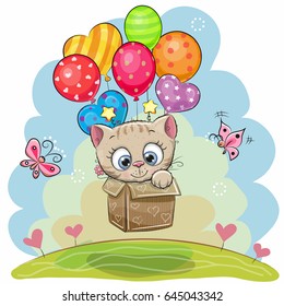 Cute Cartoon Kitten in the box is flying on balloons