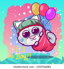 Cute Cartoon kitten boy flying with balloons. Can be used for baby t-shirt print, fashion print design, kids wear, baby shower celebration greeting and invitation card. - Vector