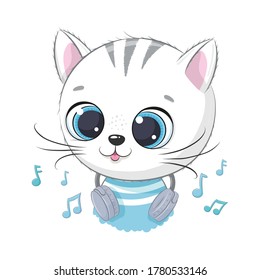 Cute cartoon kitten boy with headphones listen to music