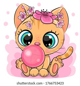 Cute Cartoon Kitten with bubble gum on a pink background