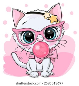Cute Cartoon Kitten with bubble gum on a pink background
