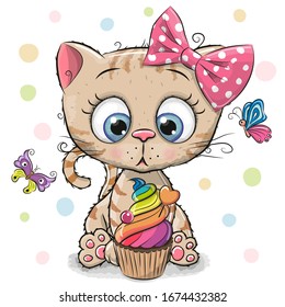 Cute Cartoon Kitten with cake and butterflies on a white background