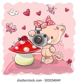 Cute cartoon Kitten with a camera on the meadow