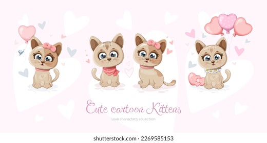 Cute cartoon kitten collection with hearts and balloons